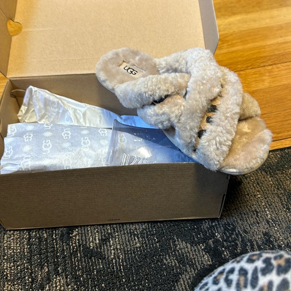 Brand New Ugg Slippers Tan with Leopard Accents